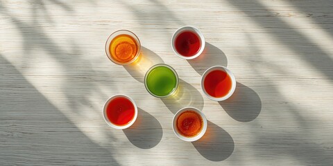 Tea cups arranged on table, used as a UI backdrop for beverage branding, World Tea Day