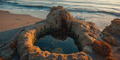 Littoral zone erosion featuring tide pool with water in hollows and holes on the shoreline, coastal preservation
