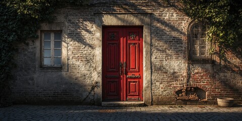 Red door on a wall, serving as an eye-catching UI backdrop for interface elements