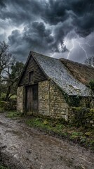 Fototapeta premium Dramatic Stormy Landscape with Rustic Cottage Under Dark Clouds