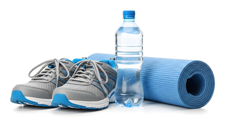 Fitness equipment with sneakers, water bottle, and yoga mat isolated on white background for healthy exercise routine