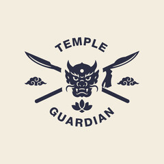 Temple guardian oni mask emblem with crossed weapons, clouds and lotus ornament. Minimal monochrome vector logo for tattoo, streetwear and brand identity.