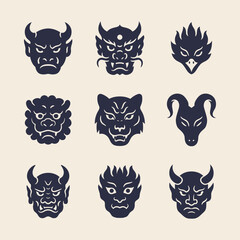 Set of 9 Japanese inspired mask and animal icons in bold navy silhouette style. Oni, demon faces, raven, tiger, ram and guardian lion great for branding, apparel and sticker designs.