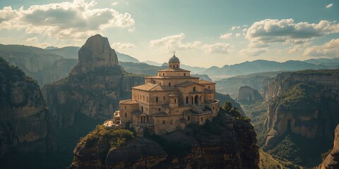 Cliffside Meteora Monastery with surrounding summer sky and mountain landscape, emphasizing historic architecture and natural setting