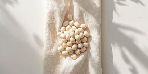 Cooked white beans on a textured linen cloth, designed as a neutral background for culinary presentation, World Nutrition Day