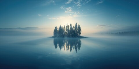 Fototapeta premium Morning light breaks through fog over a clear lake with trees reflecting on the water, highlighting untouched nature, World Environment Day