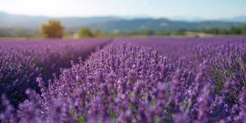 Fototapeta premium Purple lavender plants stretching across a wide field, highlighting agricultural harvest practices