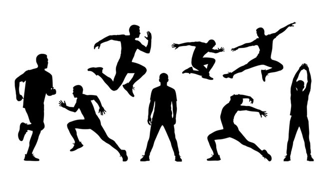 Dynamic black silhouettes capturing various human actions, depicting athletic poses and energetic movements