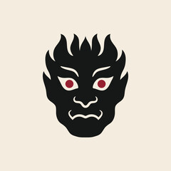 Dark fire demon face icon with intense expression in vector style.