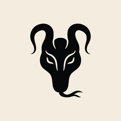 Stylized ram head with curved horns in dark minimal vector illustration.