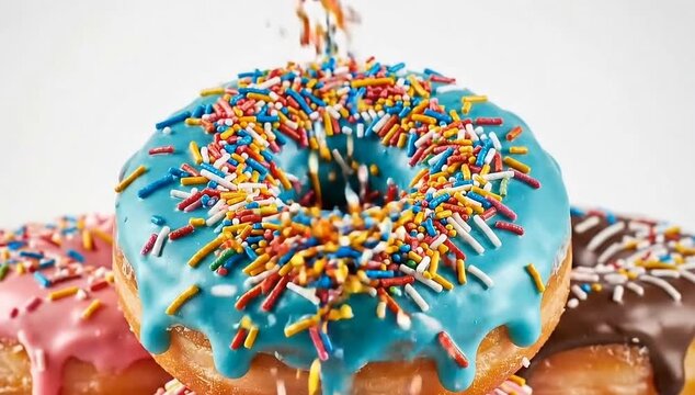Slow-motion video of colorful glazed donuts, sugar sprinkles falling gently, bright cheerful lighting, white background, clean commercial style
