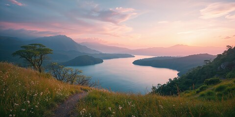 Obraz premium Mountain lake at Taiwan's highest elevation, pristine water with rugged terrain, environmental preservation day