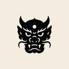 Bold black oni demon mask with sharp details in flat vector style.