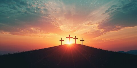 Cross atop a hill at dusk with shimmering sky and vintage tones, highlighting faith and tradition