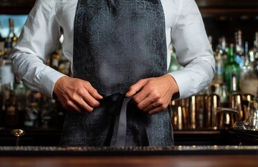 Bartender hands tying black apron at cocktail bar