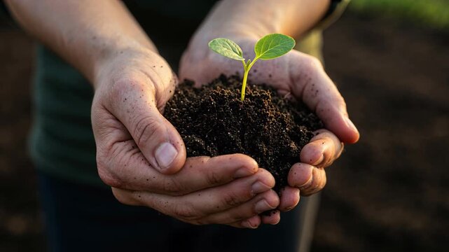 A person's cupped hands tenderly hold a small pile of dark, fertile soil, with a delicate green plant sprout reaching upwards in soft natural light against a blurred background.