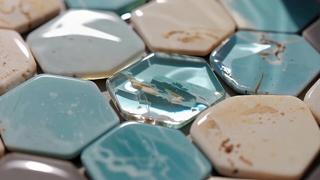 Close Up Hexagonal Tiles Showcasing Colorful Surfaces.