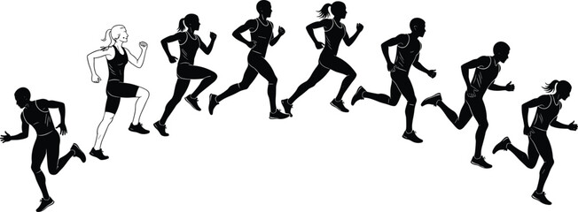 Multiple athletes running sequence silhouette showing dynamic sprint motion fitness training concept isolated on white background