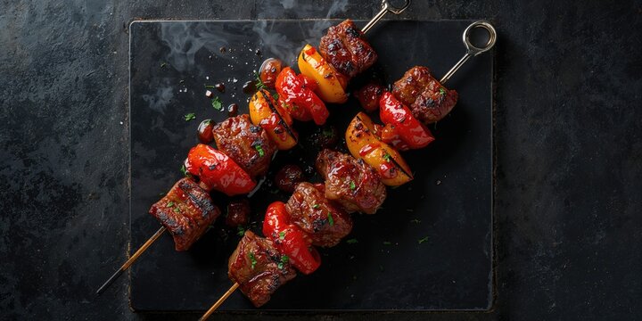 Barbecue skewers featuring grilled meat and vegetables with tomato sauce and sea salt, set on a black stone surface, emphasizing outdoor cooking