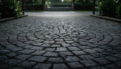 Garden pathway featuring a cobblestone circle layout, emphasizing traditional craftsmanship and landscape layout