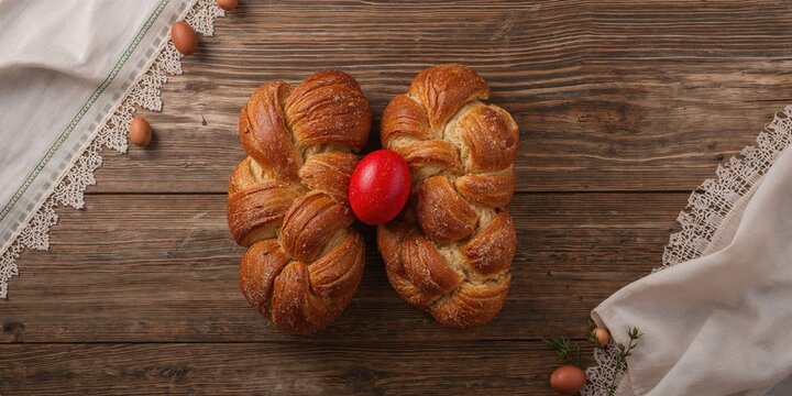 Greek tsoureki and Easter sweet bread with a red-dyed egg, traditional baking for festive celebration