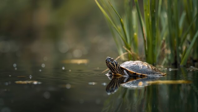 Close-up of a European marsh turtle in its wetland environment, highlighting conservation efforts