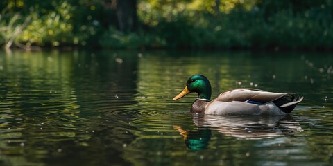 Obraz premium Wild duck swimming on a river, observing migratory bird activity during seasonal change
