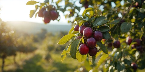Plum tree bearing small juicy fruits with large pits, emphasizing fruit maturation process and vibrant coloration
