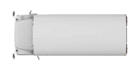 Top view of a clean white delivery truck with a long cargo box on a white background