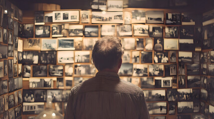 Man remembering life moments examining old print collection