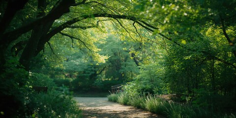 Obraz premium Lush green tree foliage creating a natural backdrop for editorial headers or informational panels, Earth Day