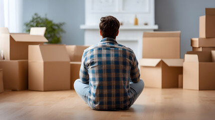 Man contemplating future new home with moving boxes