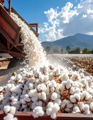 Cotton harvest, a machine empties into a pile of fluffy white cotton