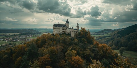 Fototapeta premium Schattenburg Castle in Feldkirch, Austria, built in 1200, with surrounding vineyards and fall foliage, overlooking a village, seasonal change