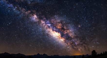 Breathtaking panoramic view of milky way galaxy stretching across dark night sky above silhouetted mountain range, showcasing vibrant cosmic dust and countless stars