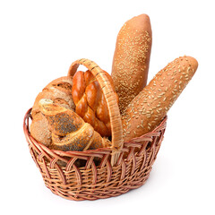 Variety of Breads in Wicker Basket Including Baguette Croissant and Braided Loaf, Closeup of Crust and Texture