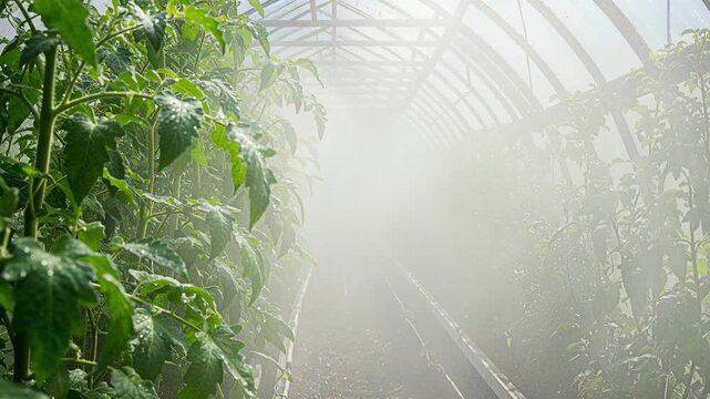Lush green plants thrive inside a bright greenhouse as a fine mist sprays across the rows, creating a hazy, fresh atmosphere for sustainable agriculture.