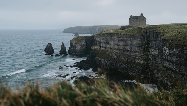 Coastal rocks and the picturesque Castle Classiebawn in Mullaghmore, County Sligo, Ireland, highlighting erosion vulnerability and scenic landscape