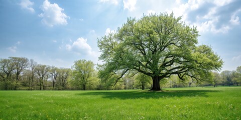 Fototapeta premium Landscaped spring meadow featuring trees and grass under a clear sky, emphasizing seasonal renewal