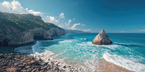 Seascape with rugged cliffs and crashing waves, shoreline stability study