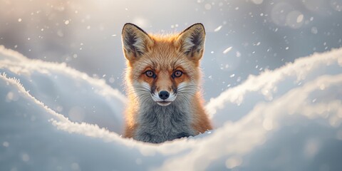 Obraz premium Snow-covered mountain setting with a red fox hunting, illustrating winter predator behavior