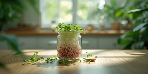 Fototapeta premium Microgreens in a jar serving as a nutrient-dense garnish, highlighting food preparation practices