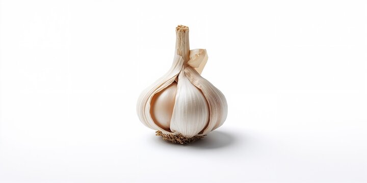 Single garlic bulb on a white backdrop adds to kitchen ingredient selection, health and nutrition focus