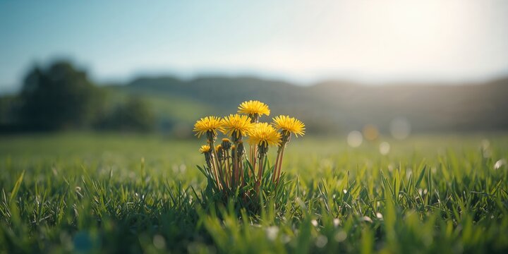 Vivid yellow dandelions blooming in a vibrant green meadow, suitable for landscape or floral layouts