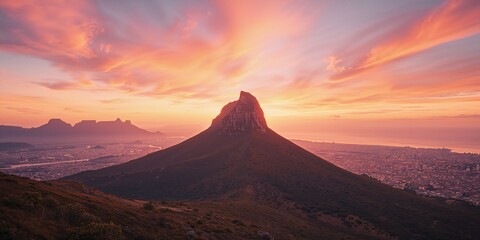 Obraz premium Panoramic shot of Table Mountain and 12 Apostles seen from Lions Head, highlighting geological formations and scenic outlook