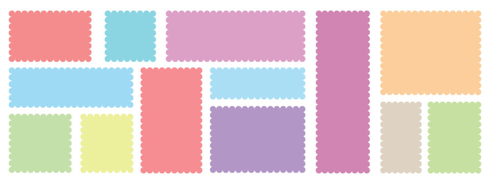 Different frames, Color rectangle frames with wiggly borders. Geometric shapes with scallop and zigzag edges set. Silhouette stickers circle, Scalloped edge seamless set, Wiggle Design Sign Background