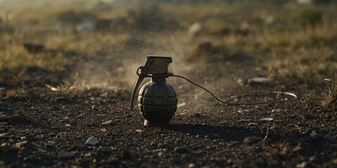 Obraz premium Soviet Hand Grenade F1 connected to a booby trap with tripwire, highlighting explosive safety concerns