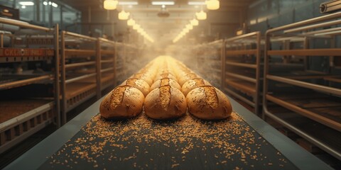Fresh bread loaves moving along a bakery conveyor system, illustrating industrial baking processes