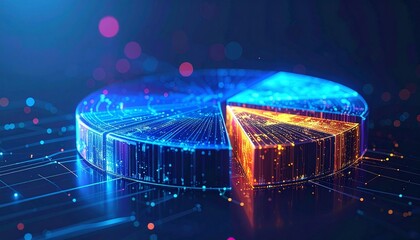 3D pie chart with vibrant segments on high-tech background showcasing modern data visualization and analytics design