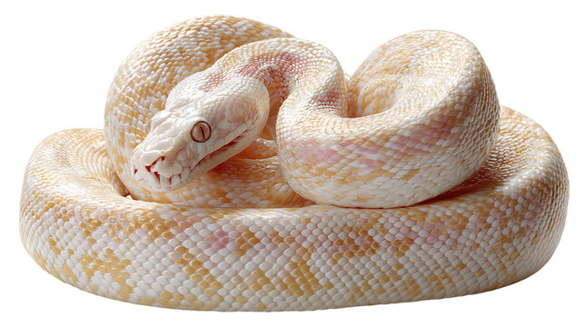 Albino python coiled up with light coloration isolated on transparent background